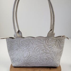 Vintage Leather Shoulder Bag Hand Tooled Gray/Silver Leaders In Leather